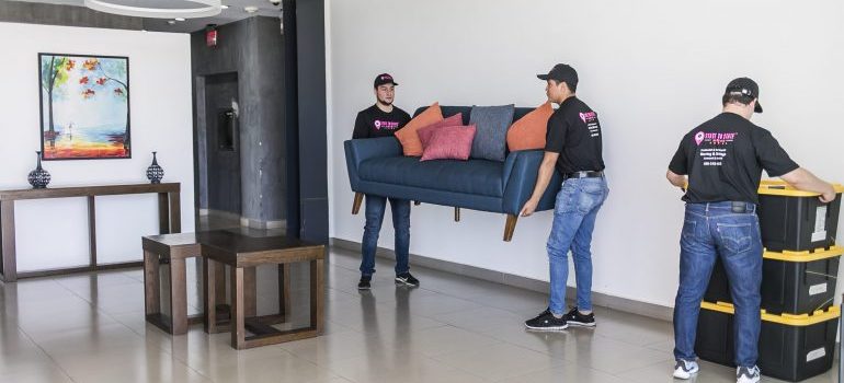 two movers are carrying a sofa while the third one is packing boxes in someone's house