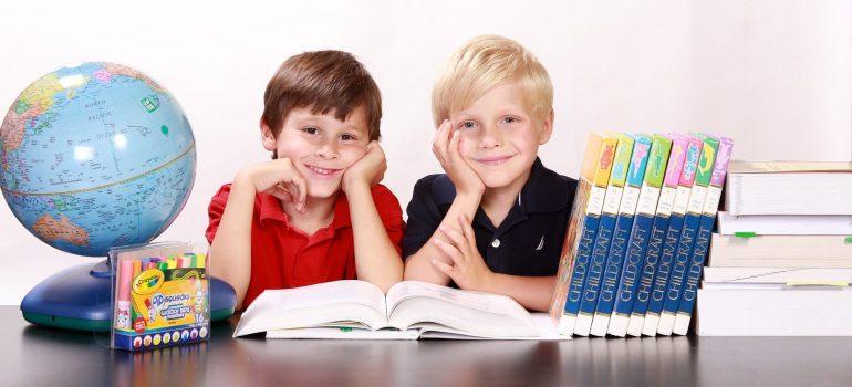 Who boys seating behind the desk on which are books, a globus, crayons, and a book opened in front of them. 