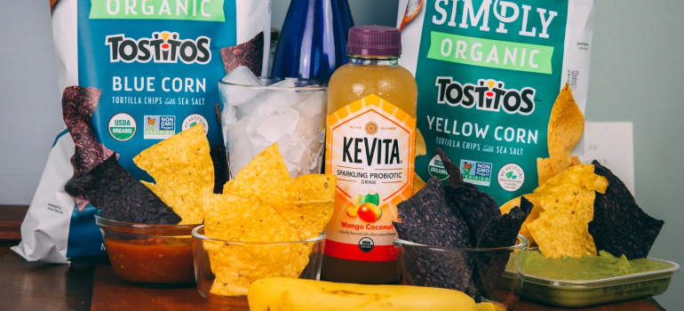 various beverages and snacks on the table