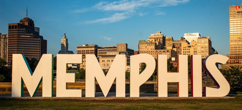 Mmphis letters in front of a building