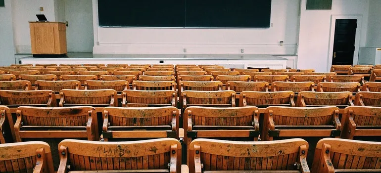 Chairs and a blackboard in a classroom