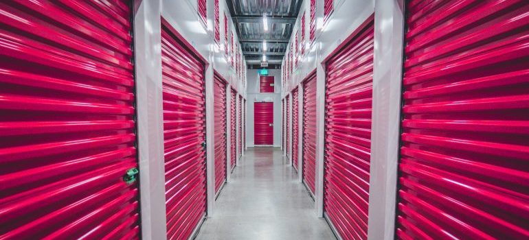 a row of red storage units 