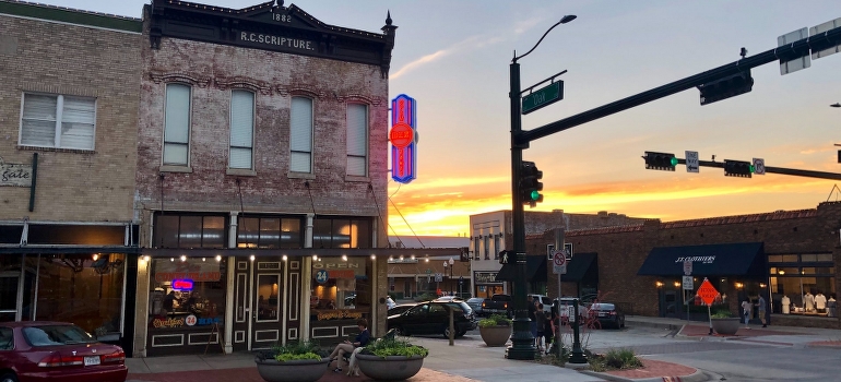 The buildings in small Texas city during sunset