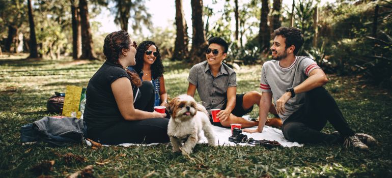 A group of friends in a park discussing the pros and cons of living in Houston Heights