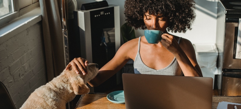 woman petting her dog while working on a laptop after moving to Sugar Land with pets