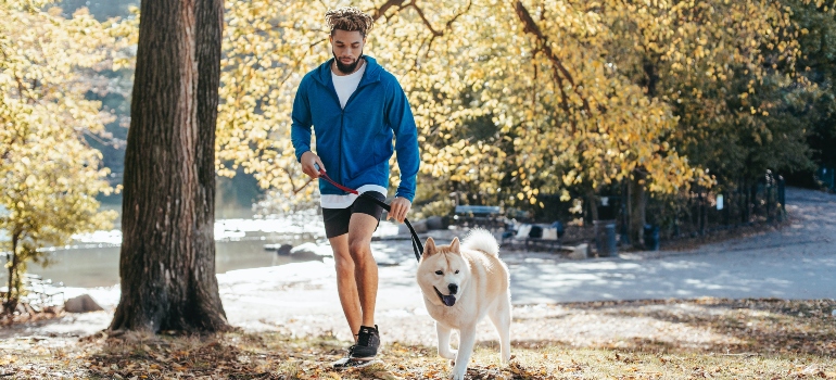 man in a park with his dog