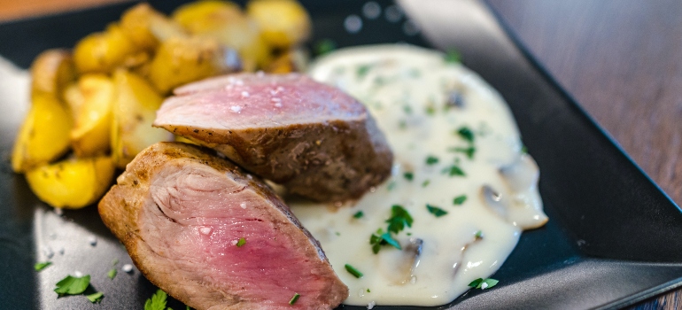 a steak dish served in a restaurant 